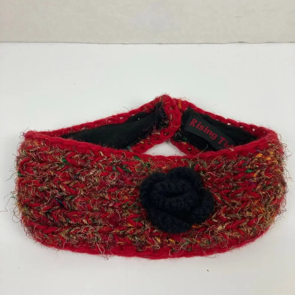 Rising Tide Wool Silk Blend Knit Headband Red Black Flower Fleece Lined Nepal